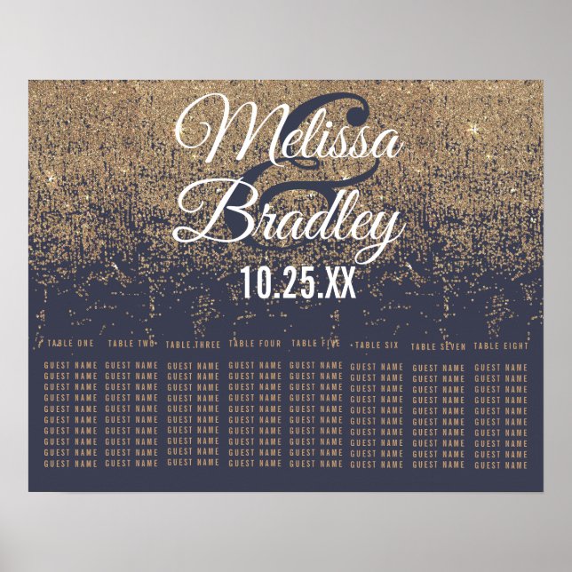 Póster Gold Glitter Sparkles Navy Blue Seating Chart (Frente)