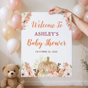 Póster Gold Glitters Pumpkin Floral Fall Baby Shower Sign
