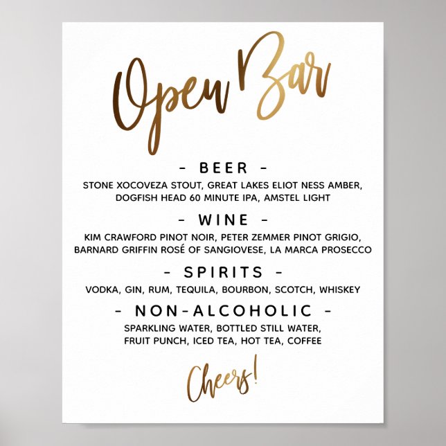 Póster Gold Handwriting Typography Open Bar Menu Sign (Frente)