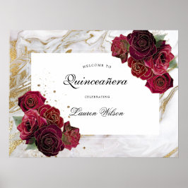 Póster gold marble roses floral  Quinceanera