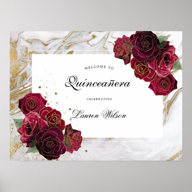 Póster gold marble roses floral  Quinceanera (Frente)