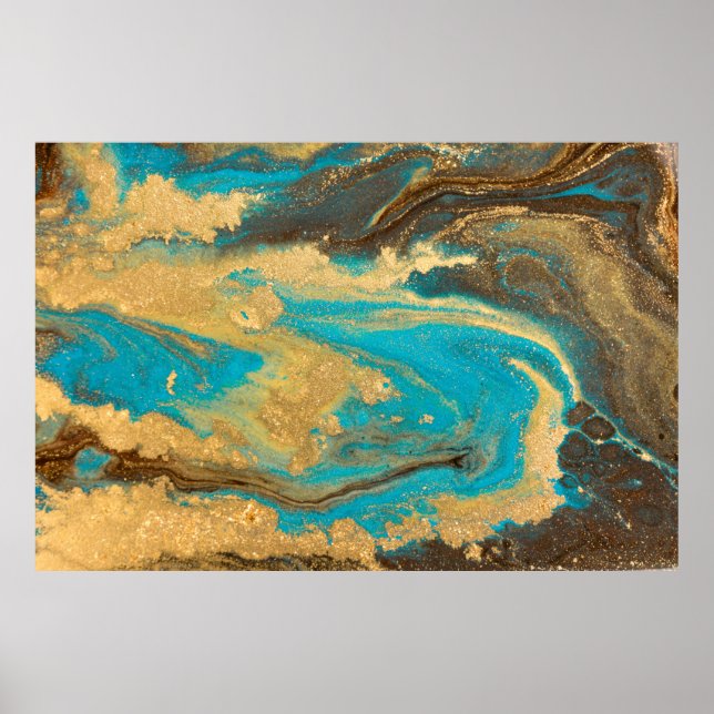 Póster Gold marbling texture design. Blue and golden marb (Frente)