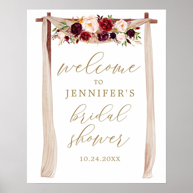 Póster Gold Marsala Floral Bridal Shower Poster de bienve (Frente)