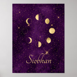 Póster Gold Moon Phases Purple Stars Personalized
