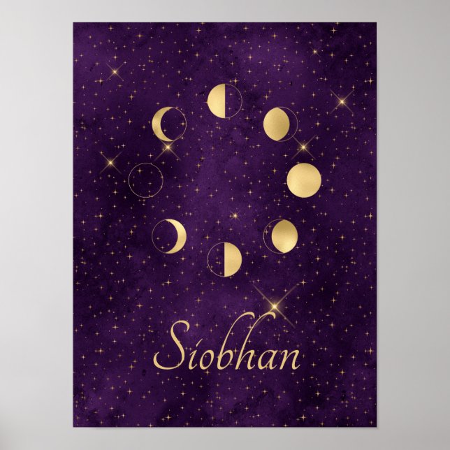 Póster Gold Moon Phases Purple Stars Personalized (Frente)
