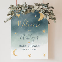Gold moon star blue watercolor baby shower welcome