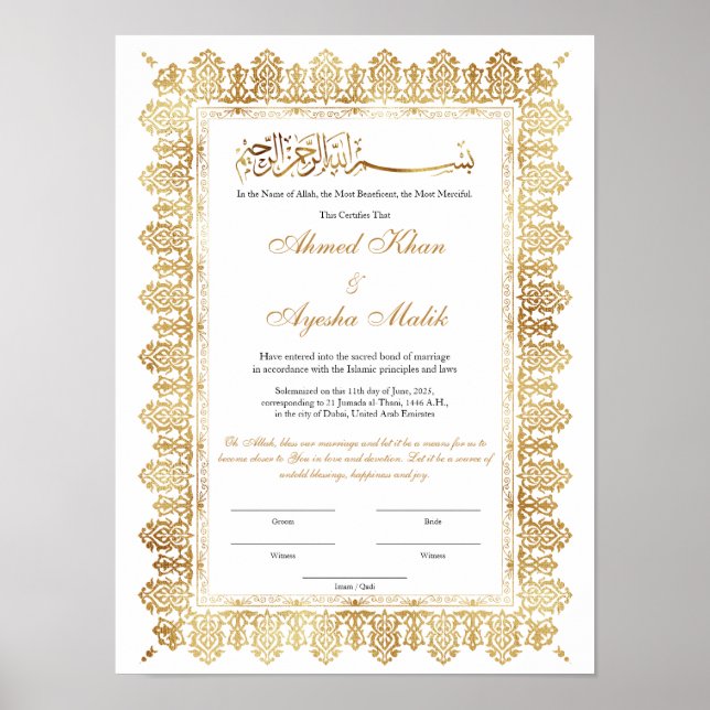 Póster Gold Nikkah Certificate for Muslim Islamic Wedding (Frente)