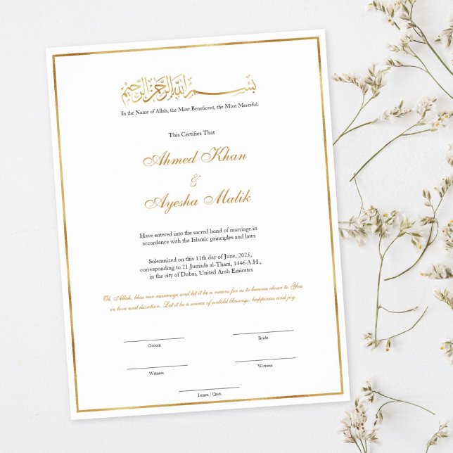 Póster Gold Nikkah Certificate for Muslim Islamic Wedding (simple gold frame Nikkah Certificate)