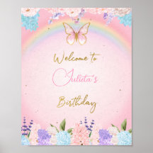 Gold Pink Butterfly Birthday Welcome Sign