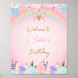 Póster Gold Pink Butterfly Birthday Welcome Sign