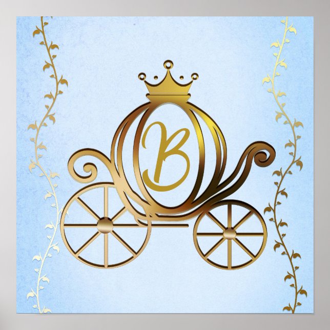 Póster Gold Princess Carriage Blue Storybook Personalizad (Frente)