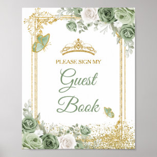 Póster Gold Quinceañera Sage Green Crown Guest Book