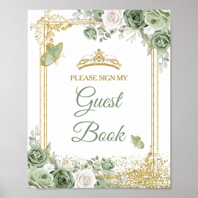Póster Gold Quinceañera Sage Green Crown Guest Book (Frente)
