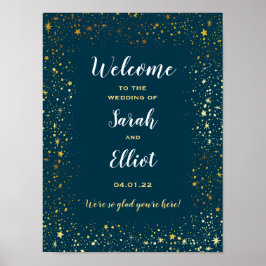 Póster Gold Stars Sparkle Navy Wedding Welcome Poster