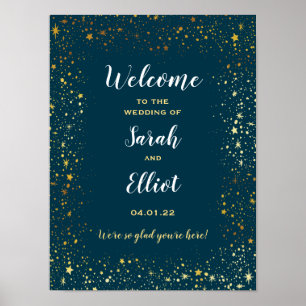 Póster Gold Stars Sparkle Navy Wedding Welcome Poster