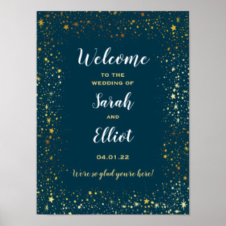 Póster Gold Stars Sparkle Navy Wedding Welcome Poster
