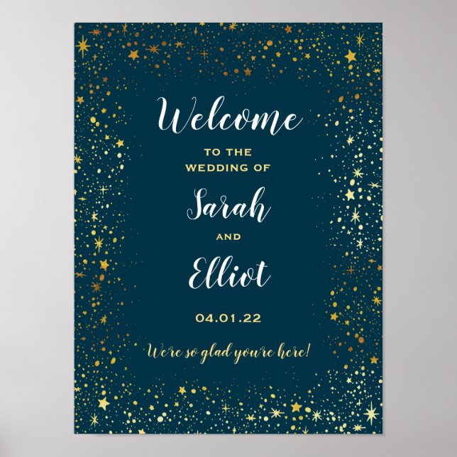 Póster Gold Stars Sparkle Navy Wedding Welcome Poster (Frente)