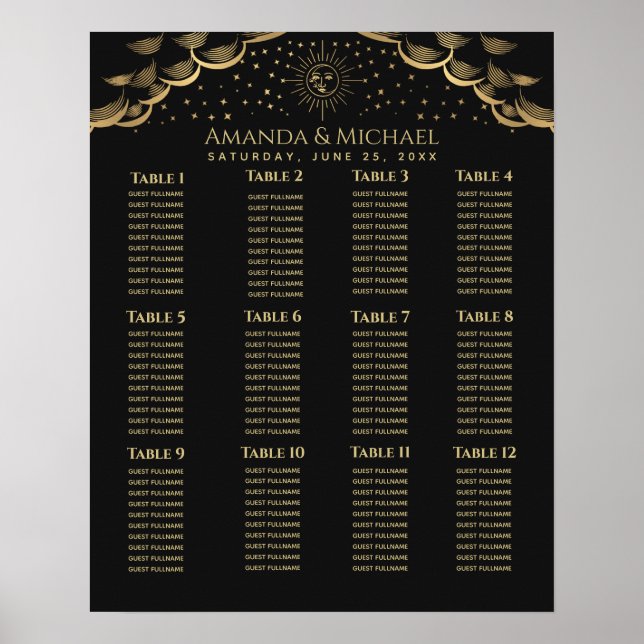 Póster Gold Sun and Moon Tarot Card Wedding Seating Chart (Frente)