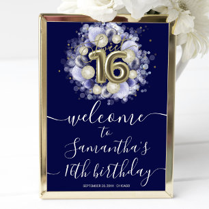 Póster Gold Sweet 16 Bday Balloons Blue Welcome Sign