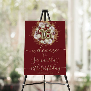 Póster Gold Sweet 16 Bday Balloons Burgundy Welcome Sign
