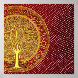 Póster Gold Tree of Life on Red Background
