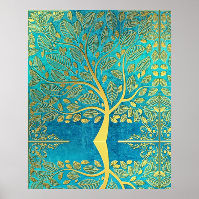 Póster Gold tree reflection on Blue Peacock  (Frente)