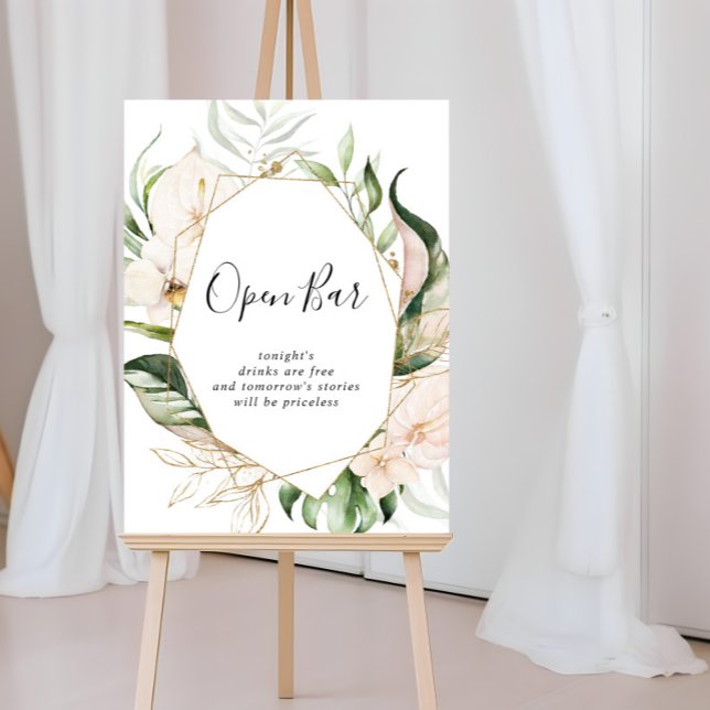 Póster Gold Tropical Foliage Floral Wedding Open Bar Sign (Subido por el creador)