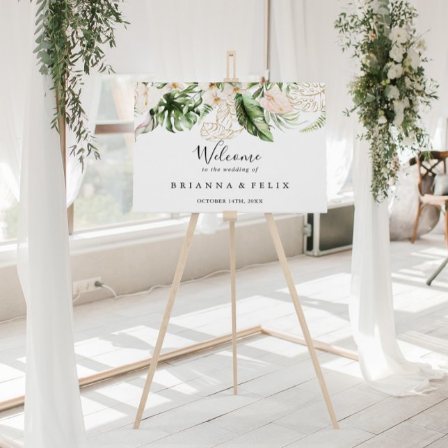 Póster Gold Tropical Foliage Floral Wedding Welcome Sign (Subido por el creador)