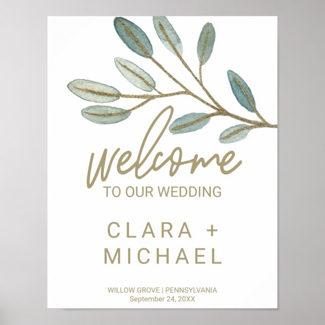 Póster Gold Veined Eucalyptus Welcome Wedding (Frente)