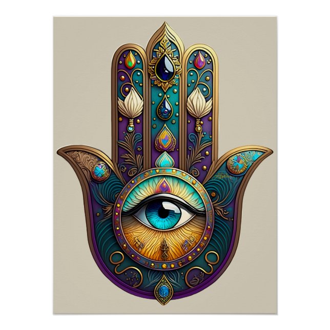 Póster Gold Violet Teal Hamsa w/ Turquoise Third Eye (Anverso)