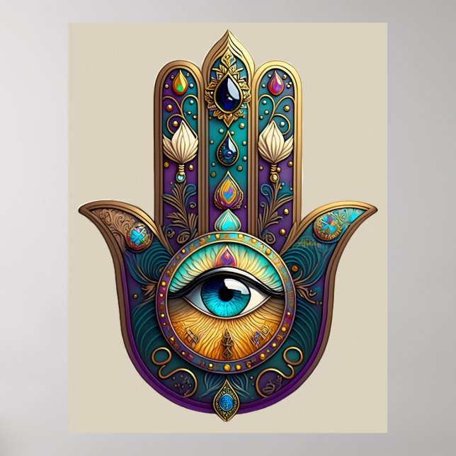 Póster Gold Violet Teal Hamsa w/ Turquoise Third Eye (Frente)