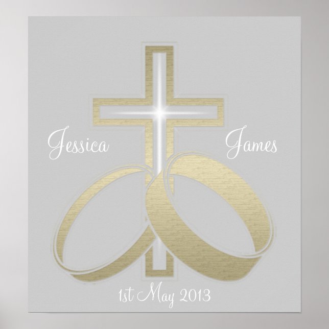 Póster Gold Wedding Rings and Cross Customisable Poster (Frente)