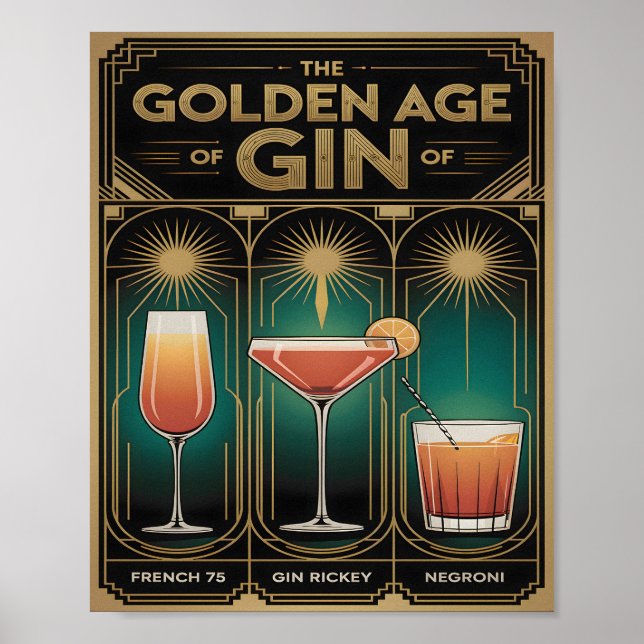 Póster Golden Age of Gin Cocktails Art Deco Bar (Frente)