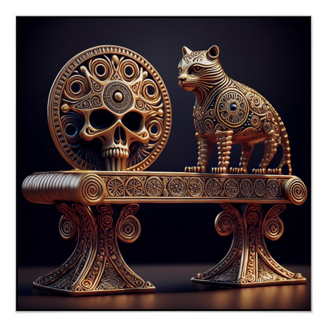 Póster Golden Android Cat On Pedestal With Skull Shield (Anverso)