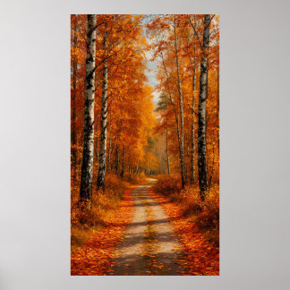 Póster 🍂 Golden Birch Forest Path in Soft Autumn Light ✨