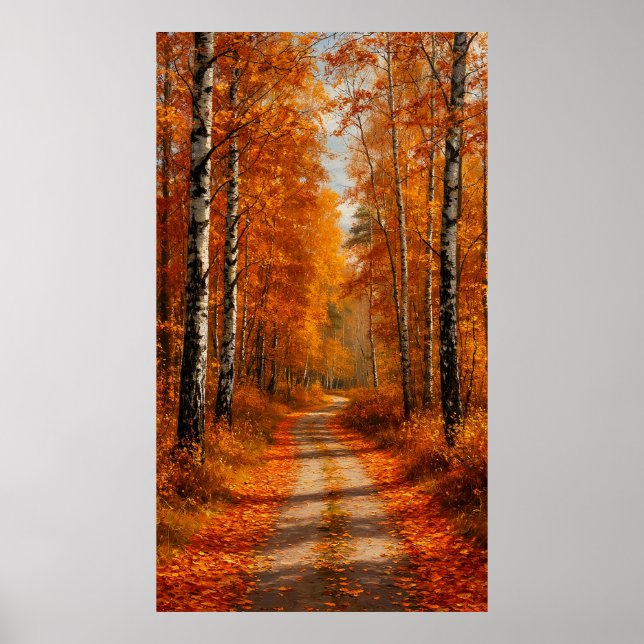 Póster 🍂 Golden Birch Forest Path in Soft Autumn Light ✨ (Frente)
