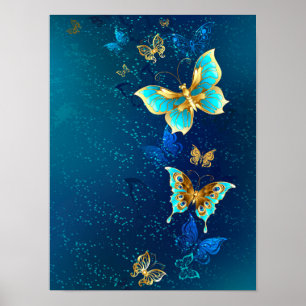Póster Golden Butterflies on a Blue Background