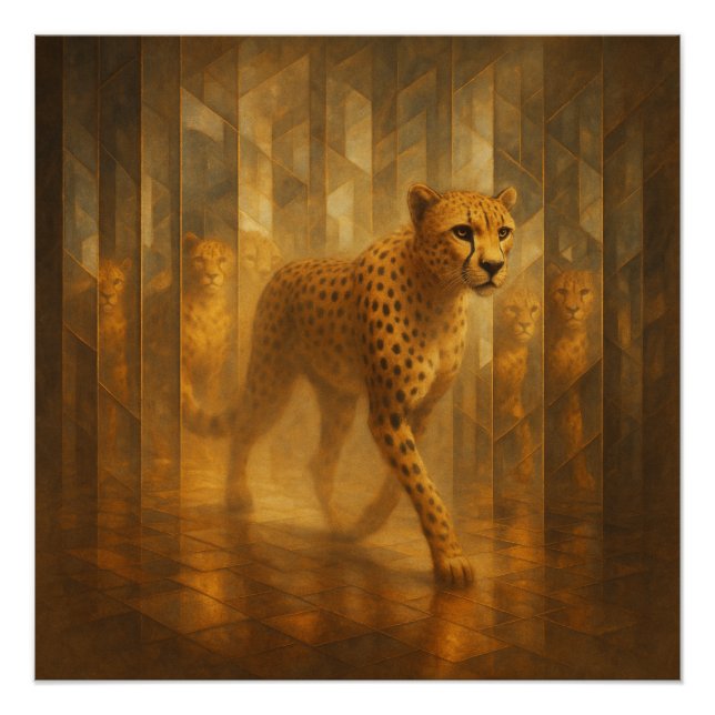 Póster Golden Cheetah in a Mirror Maze – GeoWild Art (Anverso)