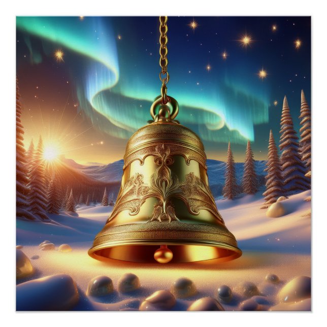 Póster Golden Christmas Bell  Snowy Winter Scene Glossy (Anverso)