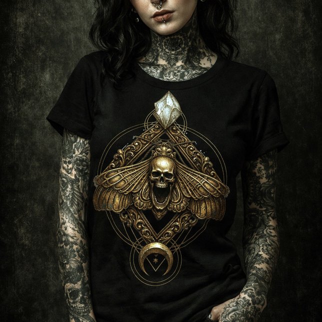 Póster Golden Death Head Moth Skull | Mystical Insect (Diseño gótico de polilla con cráneo central, ornamentos geométricos, cristal superior)