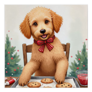 Póster Golden Doodle decorando galletas de Navidad