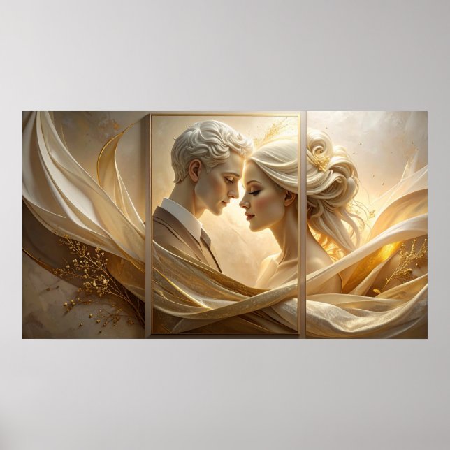Póster Golden Embrace: Ethereal Couple Portrait in Silk a (Frente)