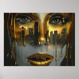 Póster Golden Face Surrealist City Urban Digital Art