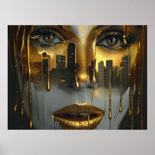 Póster Golden Face Surrealist City Urban Digital Art (Frente)