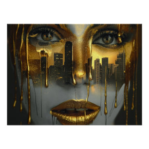 Póster Golden Face Surrealist City Urban Digital Art