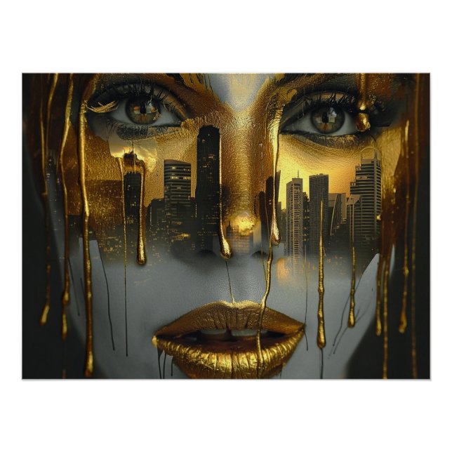 Póster Golden Face Surrealist City Urban Digital Art (Anverso)