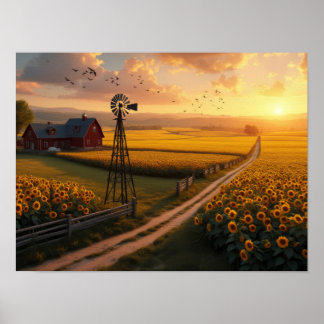 Póster Golden Fields: Sunflowers and Serenity at Sunset