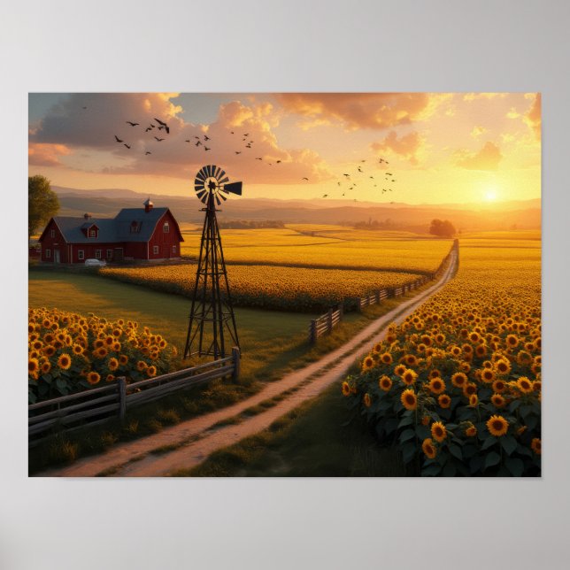 Póster Golden Fields: Sunflowers and Serenity at Sunset (Frente)
