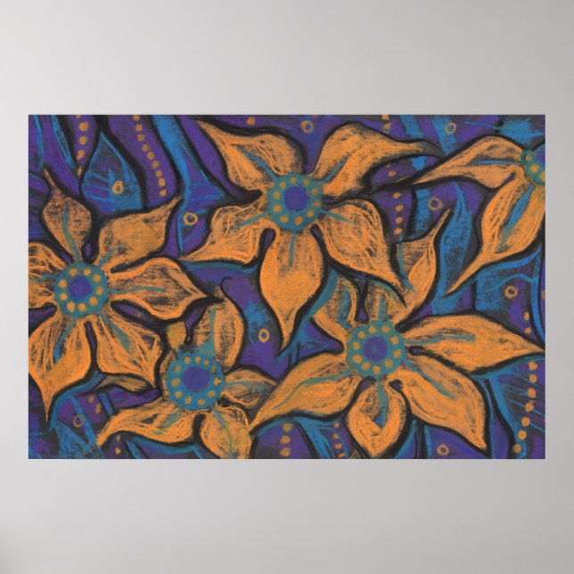 Póster Golden Flowers, abstract floral art, purple orange (Frente)