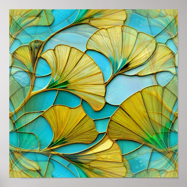 Póster Golden Ginkgo deja fondo azul (Frente)